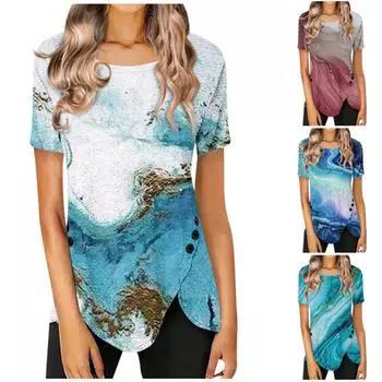 Женские свободные топы с короткими рукавами, повседневные топы больших размеров, повседневные летние футболки на пуговицах, женские топы, рубашки L синий