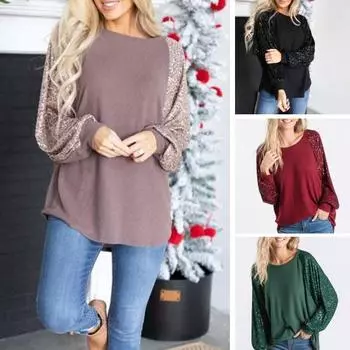 Женские свободные топы с круглым вырезом и длинным рукавом с блестками, лоскутная блузка-реглан, однотонные пуловеры, топы S красный