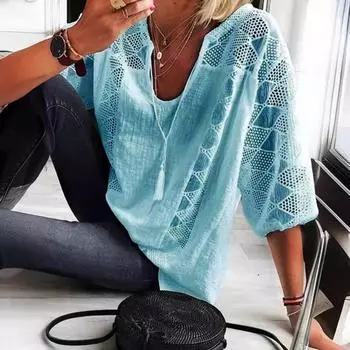 Женские свободные топы с U-образным вырезом, шнуровкой, рукавом 3/4, кружевные сплайсированные пуловеры, однотонные свободные повседневные топы 3XL светло-синий