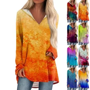 Женские свободные топы с V-образным вырезом и капюшоном с длинными рукавами, повседневные топы, домашние пижамы для отдыха, топы XXL циан