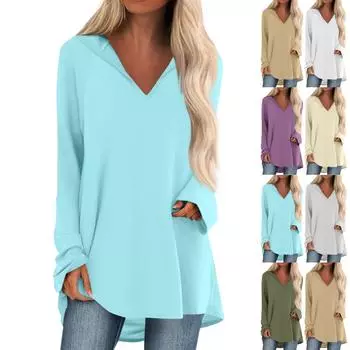 Женские свободные топы с V-образным вырезом и капюшоном с длинными рукавами, повседневные топы, домашние пижамы для отдыха, топы L