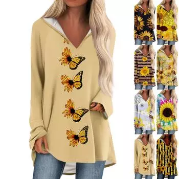 Женские свободные топы с V-образным вырезом и капюшоном с длинными рукавами, повседневные топы, домашние пижамы для отдыха, топы M шафрановый