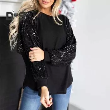 Женские свободные топы весна-осень с круглым вырезом, блузка с длинным рукавом и пайетками, однотонный пуловер S
