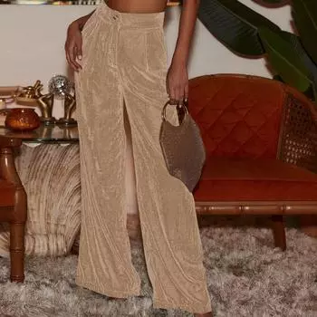 Женские свободные удобные повседневные модные однотонные брюки с высокой посадкой и широкими штанинами L бежевый