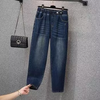 Женские свободные винтажные прямые эластичные длинные джинсы с высокой талией больших размеров, повседневные универсальные шаровары, брюки 4XL чёрный