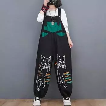 Женские свободные винтажные уличные комбинезоны с широкими штанинами женские джинсовые комбинезоны 2XL чёрный