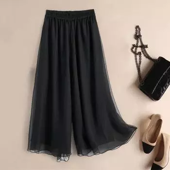 Женские танцевальные брюки, эластичные двухслойные повседневные брюки с высокой талией и широкими штанинами, свободные однотонные брюки M чёрный