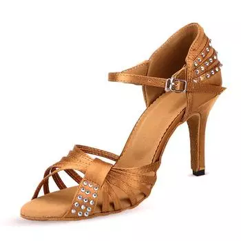 Женские танцевальные туфли DILEECHI, женские туфли для латинских танцев, бронзовые атласные туфли со стразами и мягкой подошвой на высоком каблуке 8,5 см, туфли для бальных танцев для сальсы