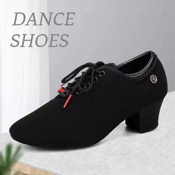 Женские танцевальные туфли для джаза и латиноамериканской музыки на среднем каблуке из дышащей ткани Оксфорд, туфли для современных танцев на каблуке 5 см 34 чёрный