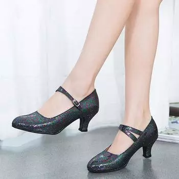 Женские танцевальные туфли на среднем каблуке с блестками для вечеринки, современные кроссовки для бальных и свадебных танцев 34 чёрный