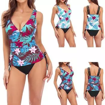 Женские танкини с цветочным принтом, женские консервативные купальники с V-образным вырезом и шнуровкой S