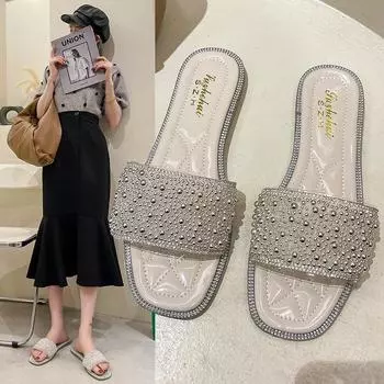 Женские тапочки 2021 Лето Новые Модные Тапочки с Жемчугом Повседневная Пляжная Обувь на Плоской Подошве 35 жёлтый