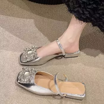 Женские тапочки 2024 года, летние новые мюли с хрустальной пяткой, платье-шлепанцы, женские дизайнерские туфли Мэри Джейн на плоской подошве с квадратным носком, сандалии 35 чёрный