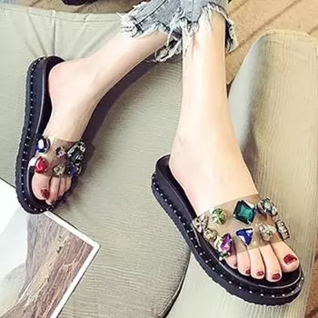 Женские тапочки 2024 года, летние новые плоские пляжные сандалии Mujer Zapatos для отдыха на открытом воздухе, блестящие женские тапочки со стразами 35-40 35 чёрный