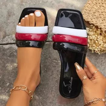 Женские тапочки 2024 года, летние новые сексуальные сандалии с квадратным носком, модная обувь на плоской подошве для женщин, удобные пляжные тапочки, шлепанцы для женщин 36 чёрный