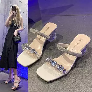 Женские тапочки 2024 года, летняя мода, прозрачный пояс, металлическое украшение, квадратная форма, каблук Alien, высокие каблуки, сандалии 35 серебряный