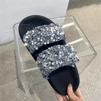 Женские тапочки 2024 года, летняя новая мода, туфли с открытым носком и пайетками, на толстой подошве, на высоком каблуке, повседневная пляжная обувь, большой размер 35 чёрный