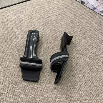 Женские тапочки 2024 года, новинка лета, верхняя одежда с квадратным носком, модные тапочки на низком каблуке с блестками, шлепанцы Pantuflas De Mujer 35 абрикосовый