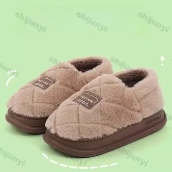 Женские тапочки 2024 года, новые хлопковые тапочки на каблуке, мужские зимние домашние нескользящие плюшевые теплые хлопковые туфли, удобные тапочки на платформе 36-37 кофейный