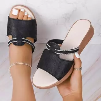 Женские тапочки 2024 года, новые летние повседневные пляжные тапочки на толстой подошве, босоножки на танкетке, модная женская обувь с открытым носком, большие размеры 35 бежевый