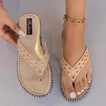 Женские тапочки 2024 года, новые летние сандалии на плоской подошве, шлепанцы, модные тапочки с открытым носком, нескользящая пляжная обувь для отдыха на природе, женские шлепанцы 36 золотой