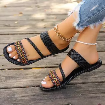 Женские тапочки 2024 года, новые летние женские сандалии, красивые пляжные тапочки для отдыха на открытом воздухе, модные туфли на плоской подошве, женские шлепанцы 36 чёрный