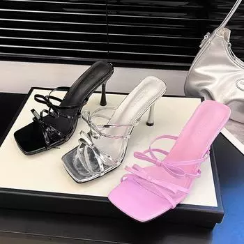 Женские тапочки 2024 года, новые модные элегантные босоножки с перекрестными шнурками, шпильки, банкетные профессиональные туфли на высоком каблуке, женские тапочки, слайдеры, женские 35 чёрный