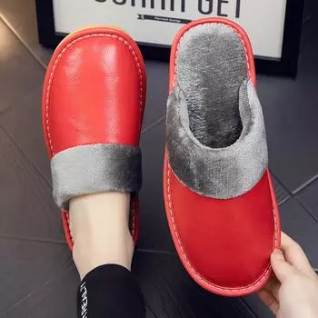 Женские тапочки 2024 года, новые зимние тапочки из искусственной кожи, теплые домашние тапочки, водонепроницаемая домашняя обувь, унисекс, теплые кожаные тапочки 35-36 озеро синий