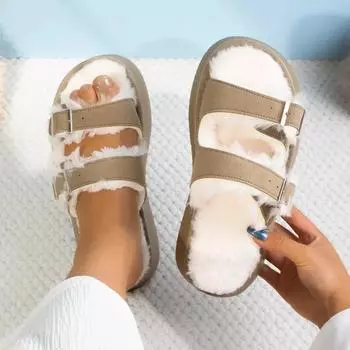 Женские тапочки 2024 года, новые зимние весенние модные туфли на платформе для женщин, сплошные утолщенные пуховые удобные тапочки-слайды для женщин 35 коричневый