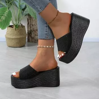 Женские тапочки 2024 Летние босоножки на танкетке Пляжные шлепанцы на толстой подошве Шлепанцы на высоком каблуке Женская обувь Туфли на толстой платформе 35 чёрный