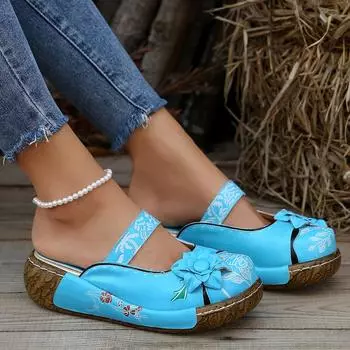 Женские тапочки 2024 Лето Новые Комфортные Сандалии Римской Платформы Женские Цветочные Нескользящие Босоножки Baotou Клинья Женские Тапочки Шлепанцы Женские 36 чёрный