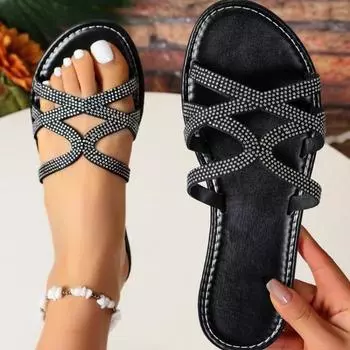 Женские тапочки 2024 Лето Новые модные женские тапочки с открытым носком Уличные женские шлепанцы на плоской подошве со стразами Zapatos De Mujer 36 чёрный