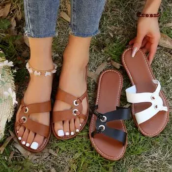 Женские тапочки 2024 Новые женские летние туфли на плоской подошве Шлепанцы Неглубокие повседневные сандалии Женские римские тапочки Шлепанцы Женские Zapatos De Mujer 36 бежевый