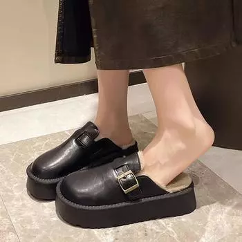 Женские тапочки 2024 Осень Зима Кожаные тапочки с круглым носком Тапочки для пар Повседневные уличные теплые женские замшевые шлепанцы Mujer 35 чёрный
