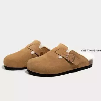 Женские тапочки 2024 Осень Зима Кожаные тапочки с круглым носком Тапочки для пар Повседневные уличные теплые женские замшевые шлепанцы Mujer 36 хаки