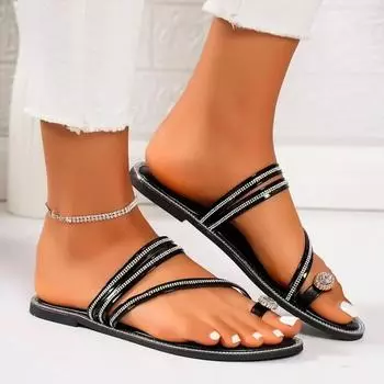 Женские тапочки 2025 года, новые летние шлепанцы с застежкой-клипсой, роскошные фирменные шлепанцы со стразами, для отдыха, отдыха, пляжные тапочки с открытым носком на плоской подошве 36 чёрный