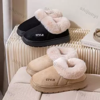 Женские тапочки 2025 года, зимние, новые, удобные, на нескользящей платформе, впитывающие пот, теплые, устойчивые к холоду, на каблуке-мешке, из плюша и хлопка 36-37 чёрный