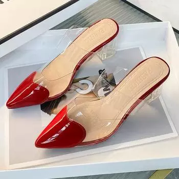 Женские тапочки Baotou 2024 года, прозрачные тапочки с сексуальными прозрачными каблуками, красные сердечки, тапочки на высоком каблуке, дизайнерские сандалии 35 чёрный