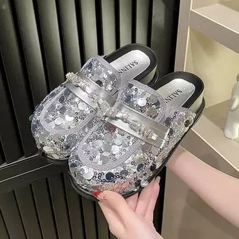 Женские тапочки Baotou 2024 Весна и лето Новые блестки Стразы Толстая подошва Мода Сто Матчей Туфли Mueller Ленивые Туфли 35 чёрный
