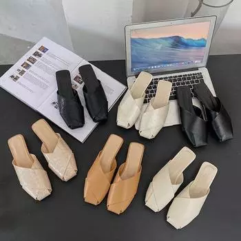 Женские тапочки Baotou, массивные туфли-мюли, летние сандалии на низком каблуке 2024 года, новые модные шлепанцы, повседневная обувь, платье, однотонные шлепанцы 35 бежевый