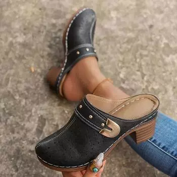 Женские тапочки Baotou на платформе с толстым каблуком, женские сандалии, увеличивающие рост, женские летние ретро-круглые мюли на толстой подошве 36 чёрный