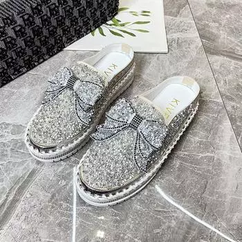 Женские тапочки Baotou, новые осенние слипоны для ленивых с круглой головкой и блестками, глубокий рот и толстая подошва 34 чёрный