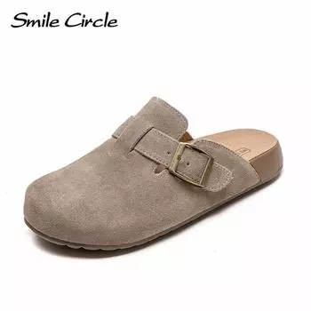 Женские тапочки Birkenstock из натуральной кожи с круглым носком и пряжкой, модная удобная повседневная обувь 35 серый