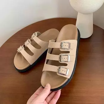 Женские тапочки Boken 2025 года, повседневные, с пряжкой на ремне, с мягкой подошвой, одно слово, с плоской подошвой 35 чёрный