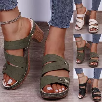 Женские тапочки большого размера на высоком толстом каблуке с металлической пряжкой и строчкой 37