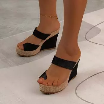 Женские тапочки большого размера на высоком каблуке, 2024 г., скошенный каблук, толстая подошва с петлей для носка, женские сандалии и тапочки 36 чёрный