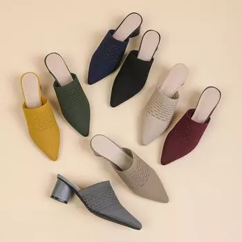 Женские тапочки большого размера с острым носком на толстом высоком каблуке, повседневные дышащие однотонные вязаные сандалии, размеры 34-43 34 чёрный