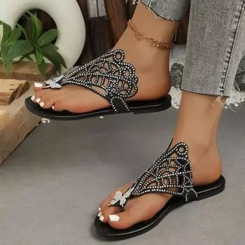 Женские тапочки Butterfly Rhinestone Flat, роскошные дизайнерские сандалии, повседневные тапочки, летние женские сандалии, обувь для женщин 36