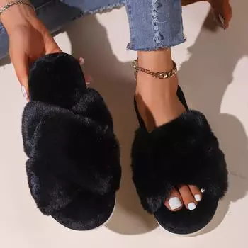 Женские тапочки Cross-Border Fur Slipons - Стильные домашние и уличные плюшевые хлопковые слипоны size 26 (38-39) чёрный