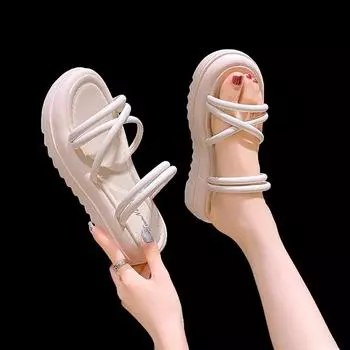 Женские тапочки для отдыха, женская обувь на плоской платформе, на среднем каблуке, однотонные летние тапочки с открытым носком, большие размеры, Zapatos De Mujer 35 бежевый